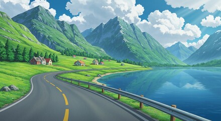 Fototapeta premium Anime Style Scenic Road by Mountain Lake with Village Houses and Majestic Peaks