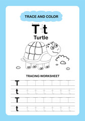 Illustration Isolated Animal Alphabet Trace and color Letter T-Turtle