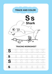 Illustration Isolated Animal Alphabet Trace and color Letter S-Shark
