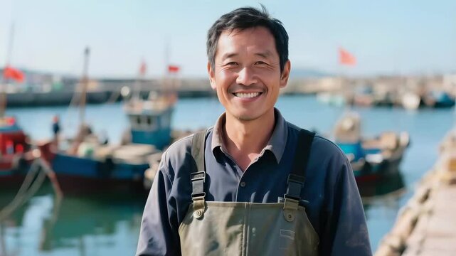 A smiling portrait of an Asian male fisherman.