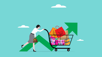 Inflation causing grocery price rising up, food or economic crisis that causes food prices rising up, food price inflation, woman rely on shopping carts sadly because food prices are rising up