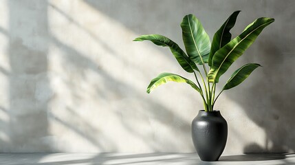 Minimal indoor setup with banana leaves in a matte black vase, side lighting from natural sunlight creating sharp foliage shadows on a clean white wall, soft gray tabletop.