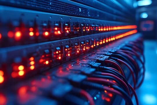 Server room data center with connected network cables and blinking indicator lights. - Powered by Adobe