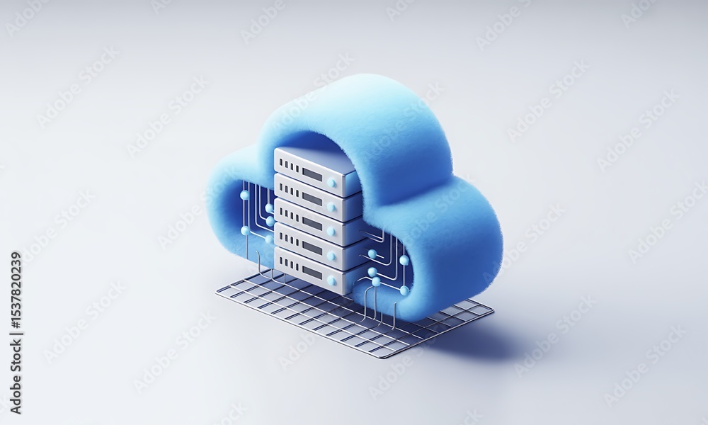 Poster Server Stack Resides within a Cloud, Illustrating Data Storage Solutions with Concept of Cloud Computing and Technological Progress, rendered with Digital 3D Art.