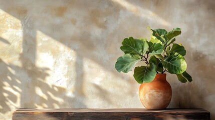 Natural-light photo of oversized fig leaves in a terracotta vase, sitting atop a reclaimed wood console, direct sun forming defined leaf shadows on a clean plaster wall. Simple modernist background.
