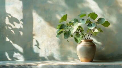 Organic fig leaves in a vintage-style terracotta vase on a stone ledge, late afternoon light streaming in, producing botanical shadow textures on a pale wall. Sparse interior elements.