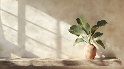Natural-light photo of oversized fig leaves in a terracotta vase, sitting atop a reclaimed wood console, direct sun forming defined leaf shadows on a clean plaster wall. Simple modernist background.