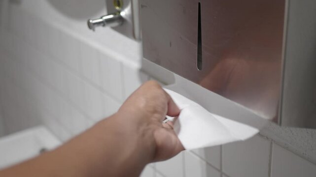 Hand reaches for paper towel in public restroom setting