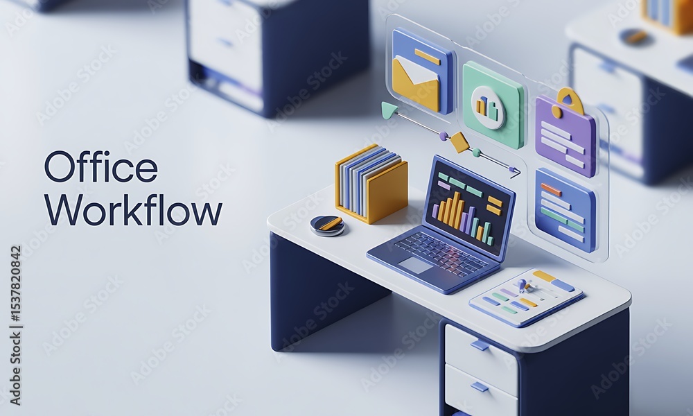 Poster Office desk displays digital workflow, suggesting efficient management in a modern workspace with 3D rendering and copy space for business concepts.