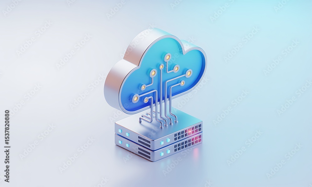 Poster Cloud Computing System Renders in Studio, showcasing server data storage and processing, highlighting technology solutions with copy space.