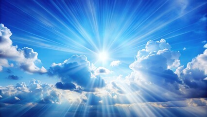 Serene blue sky with sun rays radiating through clouds