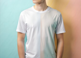 Stylish White T-Shirt Mockup Pastel Gradient Design on a Man
