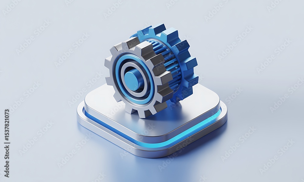 Poster gear system illustrates interlocking, isolated on a platform, emphasizing a teamwork concept with a 