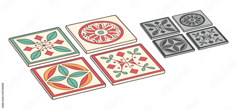 Poster a collection of decorative square tiles with various floral and geometric patterns for design projec