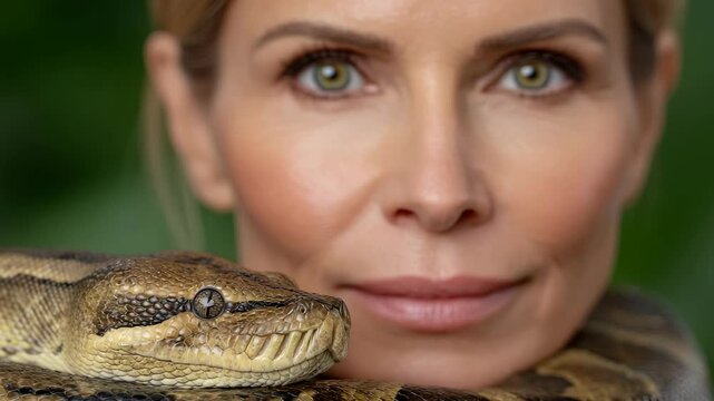 Woman with Snake: A captivating portrait captures a woman with striking green eyes, gracefully interacting with a snake in a serene environment.