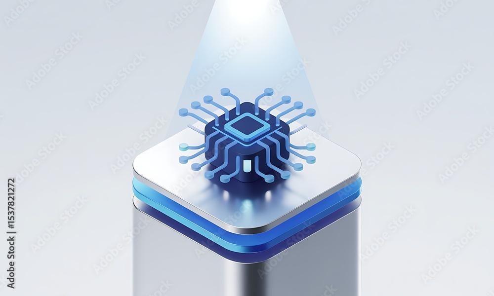 Poster microchip rests on pedestal, displaying tech innovation, with copy space, artificial intelligence, c