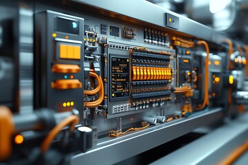 Close up of a modern control panel displaying technological circuitry with orange cables
