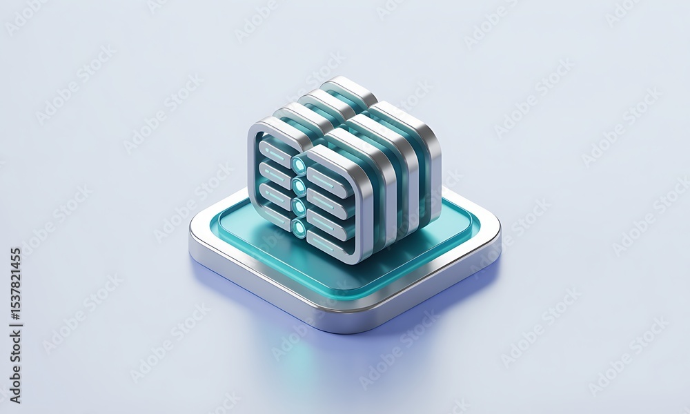 Poster server cube renders on modern platform, representing data storage and processing with technological 
