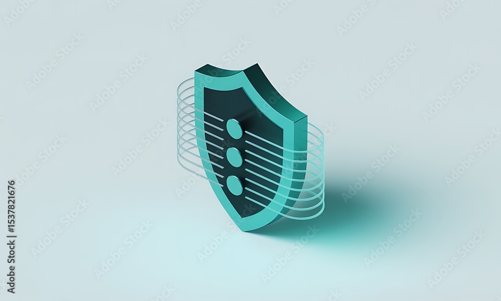 Poster isometric shield with dots protects data in a digital environment, depicting cybersecurity with copy