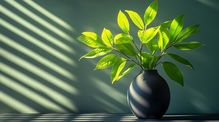 Sleek composition of lush green leaves in a matte black vase, bright sunlight streaming through blinds, casting lined shadows over the wall and vase. Minimal background blur.