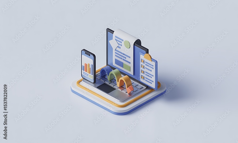 Poster isometric laptop displays digital reports in a clean studio setting, illustrating data analysis with