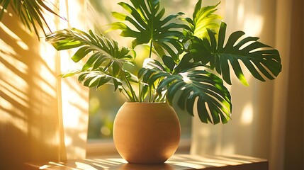 Soft-focused morning composition of large palm leaves in a beige clay vase, directional sunlight streaming in from a side window, highlighting natural textures and casting elegant shadows.