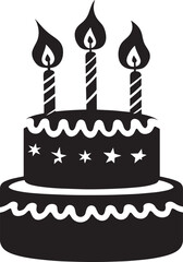 A black and white silhouette of a birthday cake with three lit candles on top.