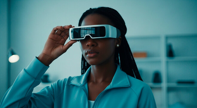 Young Woman Wearing Futuristic Glasses Exploring Digital Reality