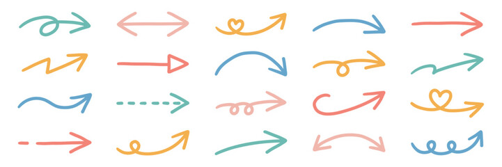 手書きのゆるい矢印アイコンのベクターイラストセット。方向、手描き、シンプル、やじるし