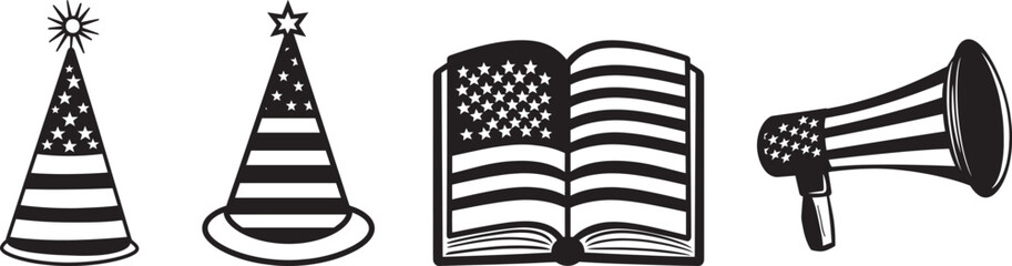 A black and white image featuring a party hat, an open book, and a megaphone with the American flag on it.