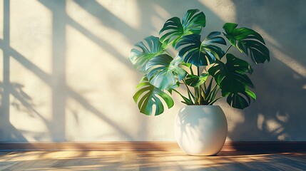 Sun-drenched corner with large monstera leaves in a simple white vase, bold shadow contrast on the wall, clean floor and background, warm natural light effect. Created Using: Olympus OM-D E-M1X,