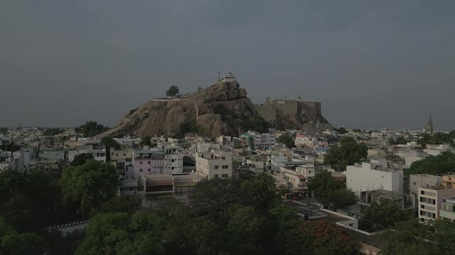 Aerial View of Rockfort Temple and Cityscape in Tiruchirappalli, Tamil Nadu, India