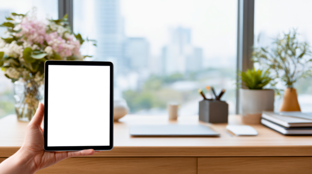 Stylish workspace featuring a tablet with white or transparent screen, surrounded by modern accessories, perfect for app mockups and creative branding visuals