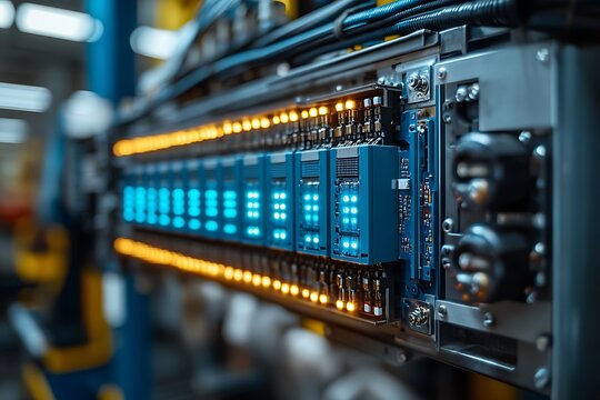 Close up view of industrial programmable logic controller with illuminated lights.