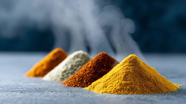 Color Spices Display: Captivating visual display of a range of vibrant spices, each carefully mounded, creating an enticing feast for the eyes, accompanied by a subtle touch of ethereal vapor.