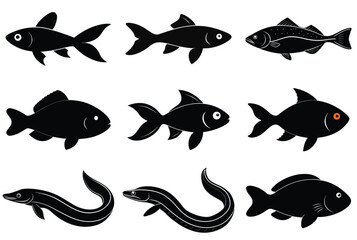 Collection of nine black silhouettes of various fish