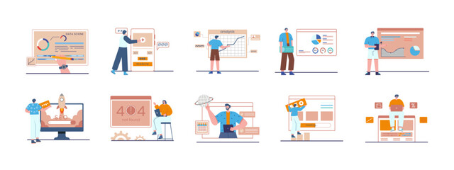 SEO flat illustrations set. Search Engine Optimization vector illustration concept.