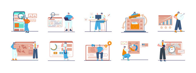 SEO flat illustrations set. Search Engine Optimization vector illustration concept.
