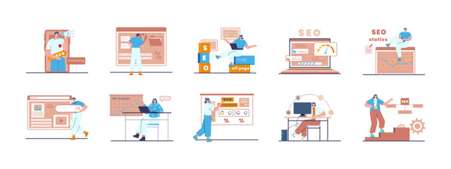 SEO flat illustrations set. Search Engine Optimization vector illustration concept.