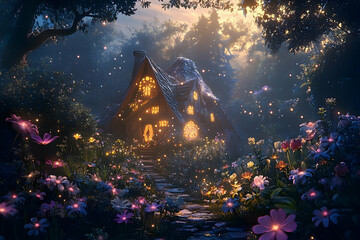 A luminous, enchanting cottage nestled within a mystical forest at night.