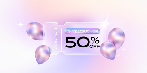 Transparency glass coupon label with balloon and holographic gradient background. Discount offer tag with shiny, glossy, reflective surface.