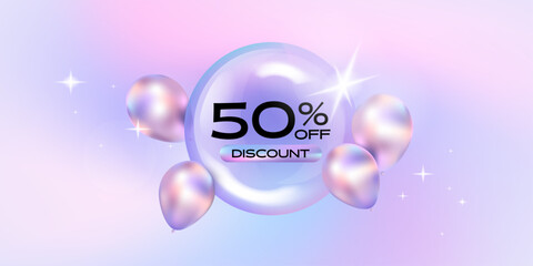 Transparency crystal ball holographic chrome color balloon on gradient background. Discount offer tag with shiny, glossy, reflective surface.