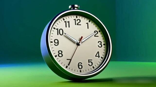 A sleek 3D illustration of a modern silver clock with bold white numerals and slender hands, set against a vibrant green gradient background. The design is clean, stylish, and elegant