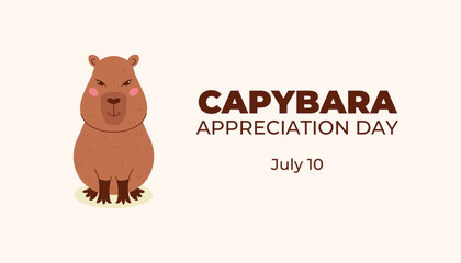 Cute capybara vector illustration. Capybara Appreciation Day greeting card. Children’s animal holiday poster, kawaii pet lover banner, rodent mascot, character design for social media, website.
