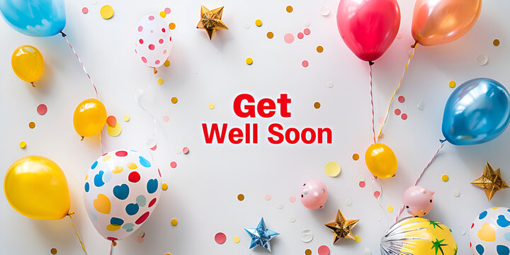 Get Well Soon Message with Colorful Balloons and Confetti, Get Well Soon Party Theme with Colorful Decorations, Vibrant Party Decorations with Get Well Soon Message and Balloons

