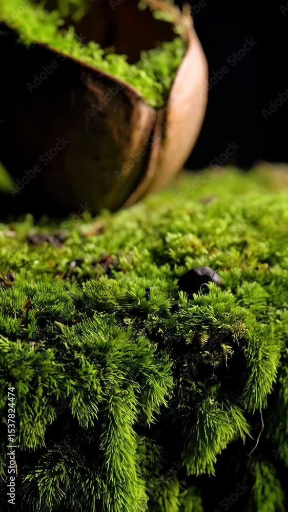 Aufkleber close-up of mossy forest floor with a partially split nut shell filled with vibrant green moss sprou