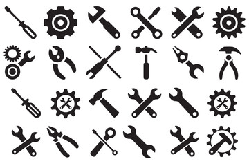 Obraz premium Collection of Black and White Tool Icons Wrench Hammer Screwdriver Pliers Gear Repair Maintenance