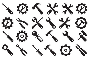 Collection of Black and White Tool Icons Wrench Hammer Screwdriver Pliers Gear Repair Maintenance