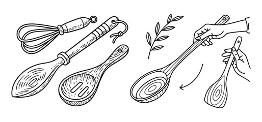 A collection of kitchen utensils includes a whisk wooden spoons and the action of holding one with a hand in a black and white drawing