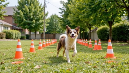 Playful Dog Running Through an Obstacle Course of Cones in a Lush Green Park on a Sunny Day